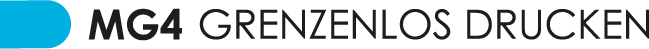 schwarzer Schriftzug "MG4 grenzenlos drucken" mit blauem langgezogenen Halbkreis auf der linken Seite