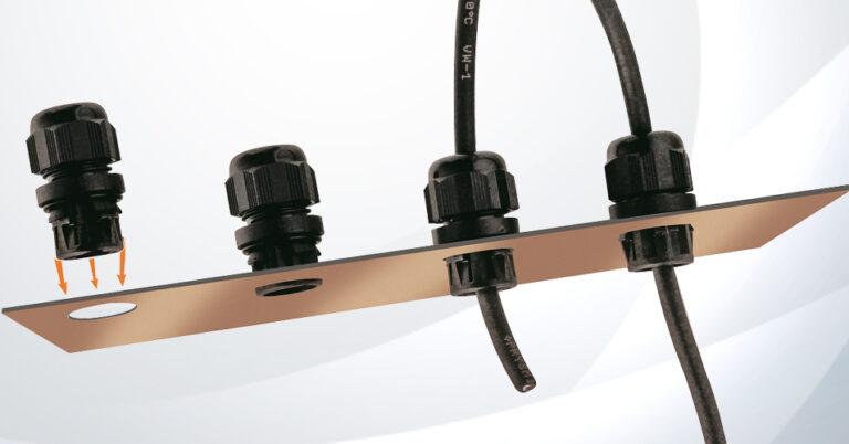 Vor weißem Hintergrund mit Halbkreiselementen sind Verbindungselemente des Plica Click Systems zu sehen und wie die einzelnen Komponenten miteinander verbunden werden können.