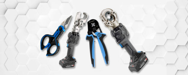 Vor weißem Hintergrund mit Wabenmuster sind mittig Cembre Werkzeuge ausgestellt