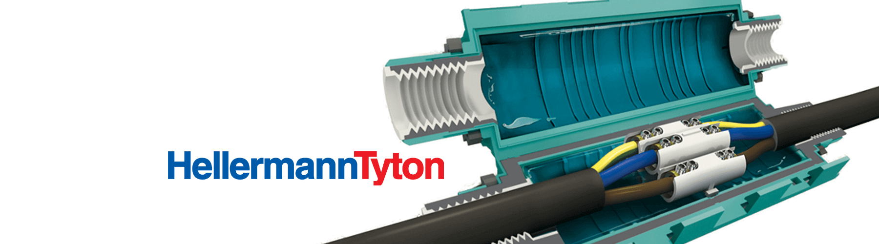 Logo HellermannTyton und rechts neben dem Logo eine 3D-Konstruktion von Kabeln