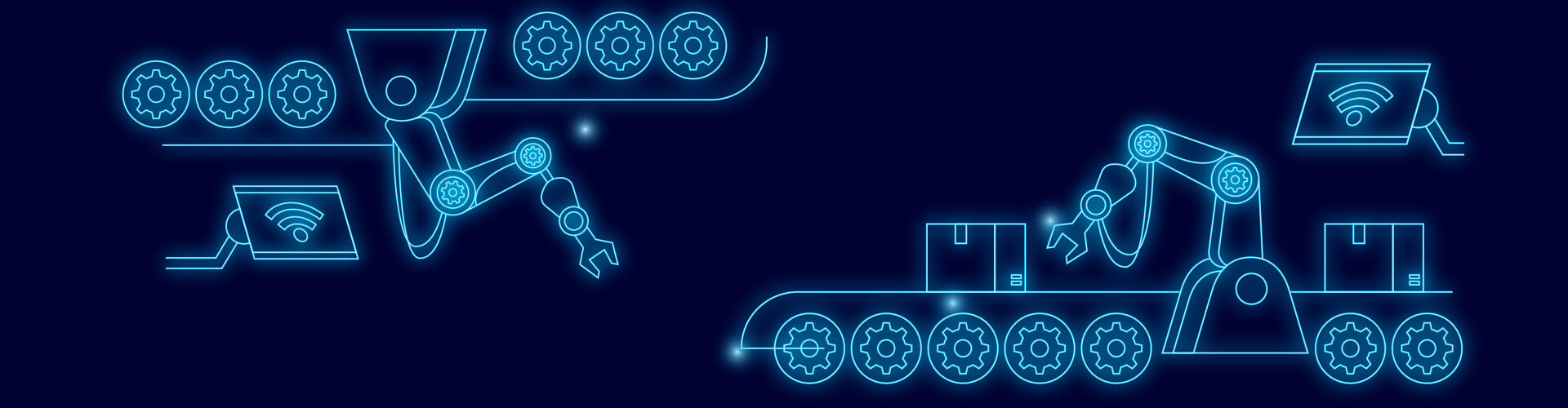 Eine Zeichnung von einem Fließband und Roboterarmen