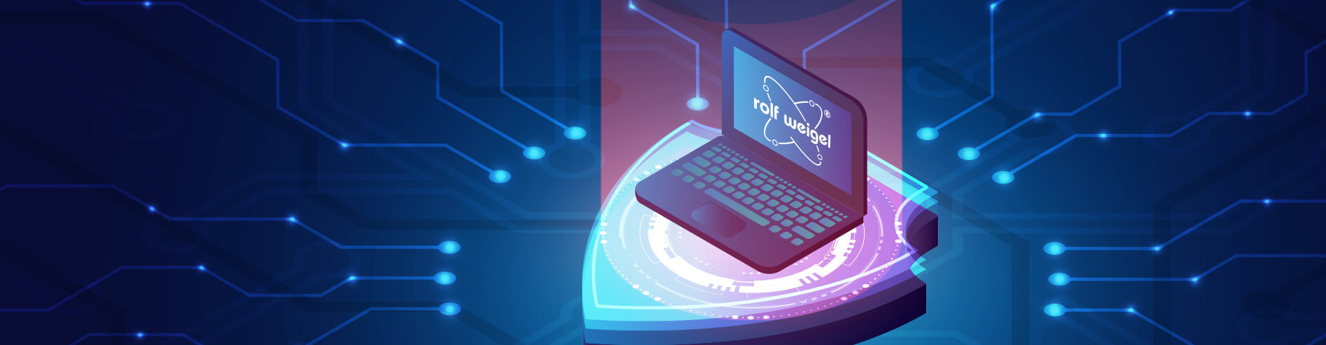 Eine Grafik von einem Laptop mit rolf weigel Logo auf dem Bildschirm, der auf einem Schutzschild steht.