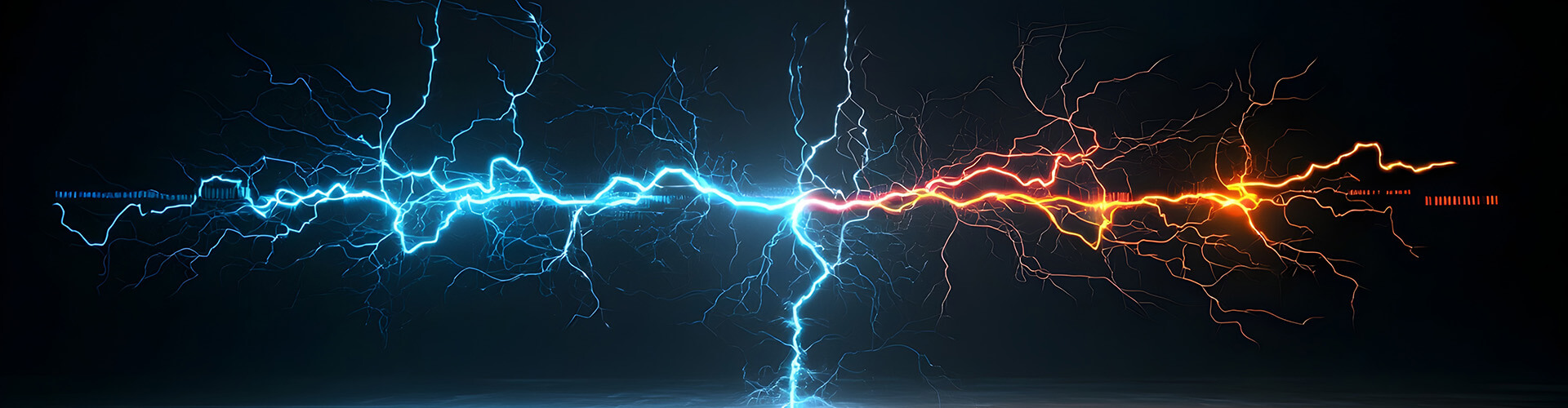 Ein blauer und ein orangener Blitz treffen in der Mitte aufeinander