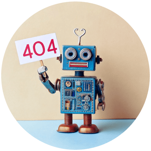 Ein kleiner Roboter hält ein Schild hoch mit der Zahl 404.