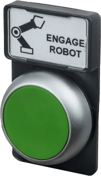 Kennzeichnungssysteme für Maschinensteuerung mit grünem Bedienknopf und klarer Funktionsbeschriftung.