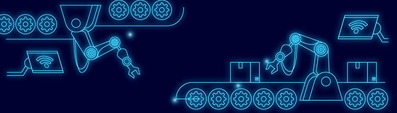 Eine Zeichnung von einem Fließband und Roboterarmen