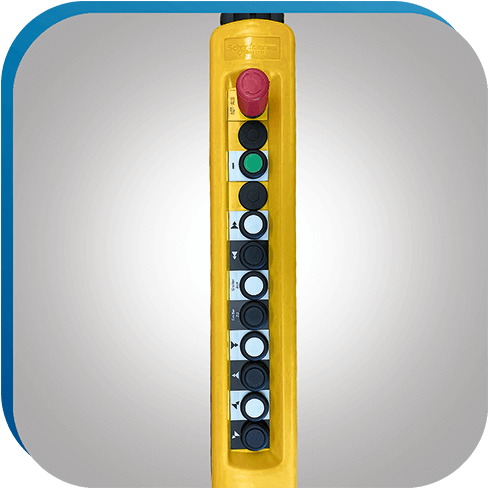 Hängetaster zur Steuerung von Hebeanlagen aus unserer Komponentenfertigung, ausgestattet mit mehreren Funktionstasten.