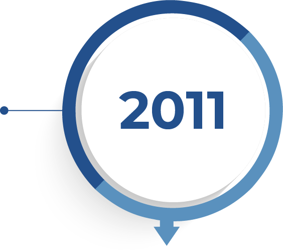 In einem weißen Kreis mit blauen Rahmen steht die Jahreszahl 2011 zur Symbolisierung eines Meilensteins in der Unternehmenshistorie.