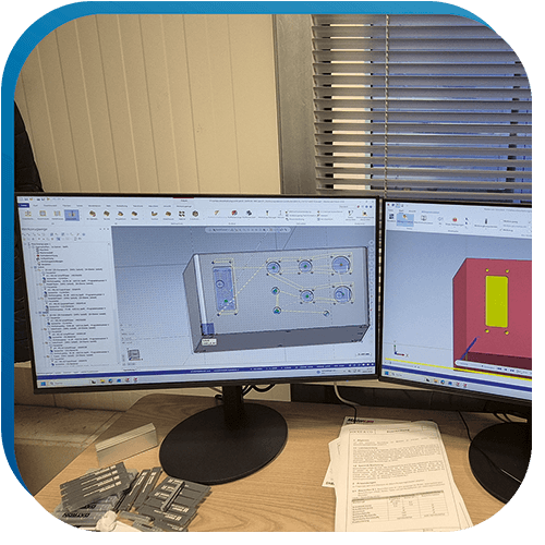 Auf zwei Computer-Bildschirmen sieht man die Planung für die Gehäuseberarbeitung durch die CNC-Fräse DATRON M8Cube im Büro von rolf weigel.
