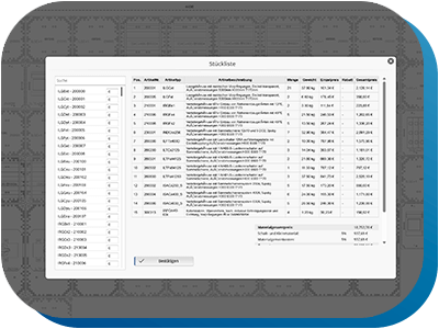 Eine Stückliste aus dem Projektierungstool HENTSCHELplan.