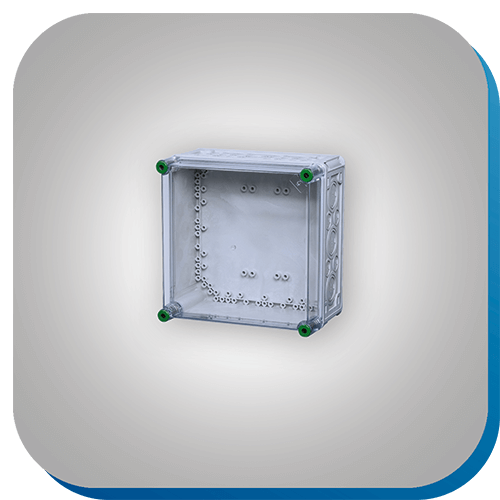 Eine Leergehäuse mit transparenten Deckel des modularen Gehäusesystems ICS65.