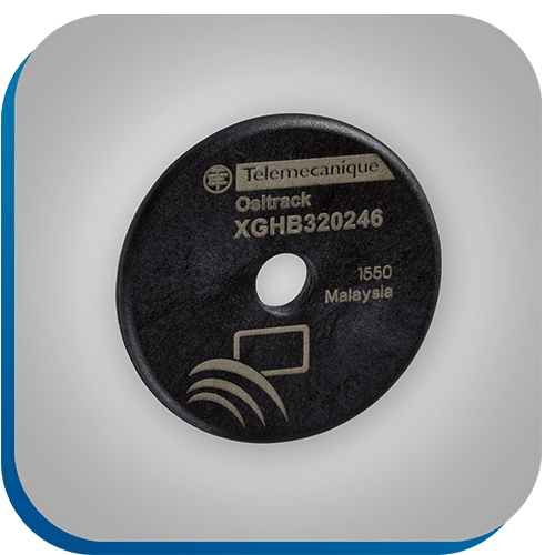 Ein RFID elektronischer Datenträger als Scheibe mit einem Loch in der Mitte.