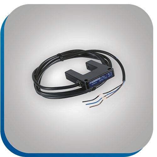 Ein optoelektronischer Sensor mit Gabel-Lichtschranke und dreiadrigem Kabel.