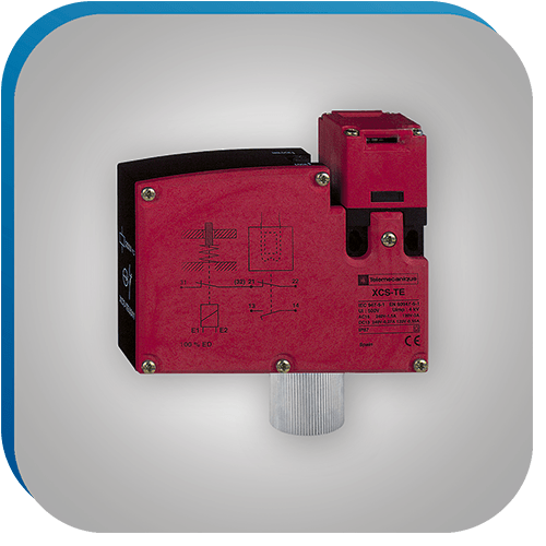 Ein roter Sicherheits-Positionsschalter aus Kunststoff.