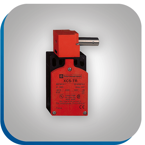 Ein roter Sicherheits-Positionsschalter mit Drehachse.