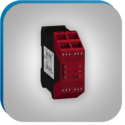 Ein roter Sicherheitsbaustein, der Anwendung in der Automatisierungstechnik.