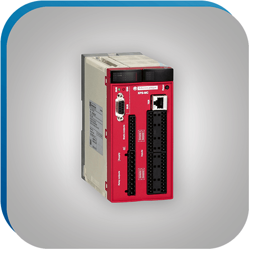 Ein roter, kompakter Sicherheitscontroller mit 32 Eingängen und 8 Ausgängen.