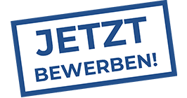 Jetzt bewerben! Störer mit blauem Schriftzug: Jetzt bewerben!