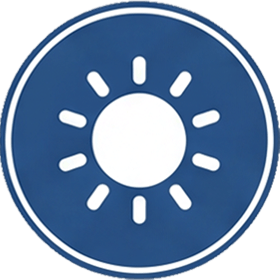 Blaues, rundes Icon mit Symbol für Sonne