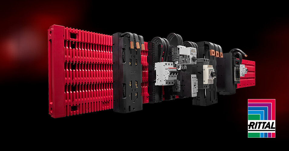 Module der Rittal RiLineX sind vor einem dunkelroten Hintergrund abgebildet.
