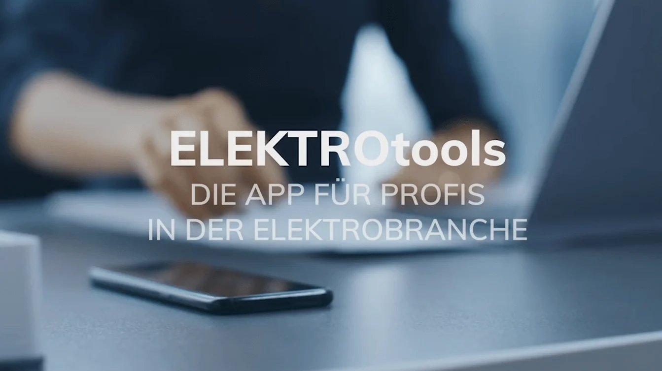 Ein Laptop mit arbeitender Person und ein Handy sind verschwommen im Hintergrund. Im Vordergrund steht Elektrotools.