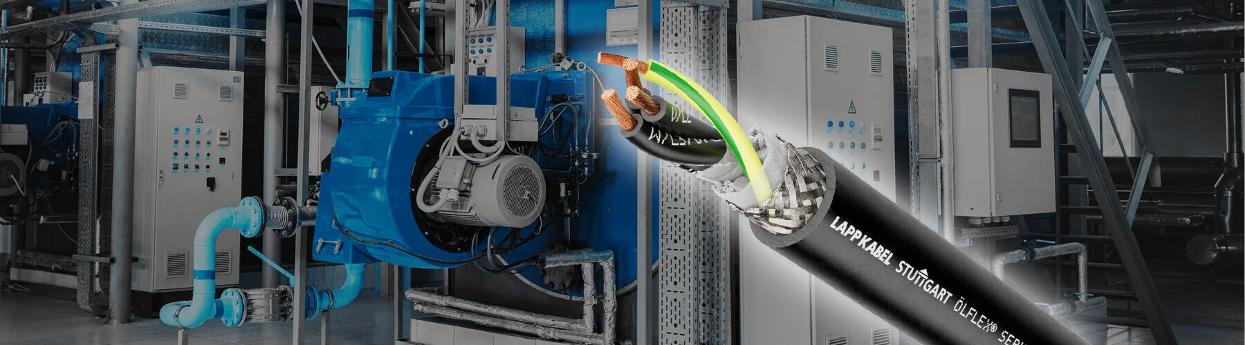 Ein Oelflex-Kabel der Firma Lapp in Großaufnahme vor einer Maschine