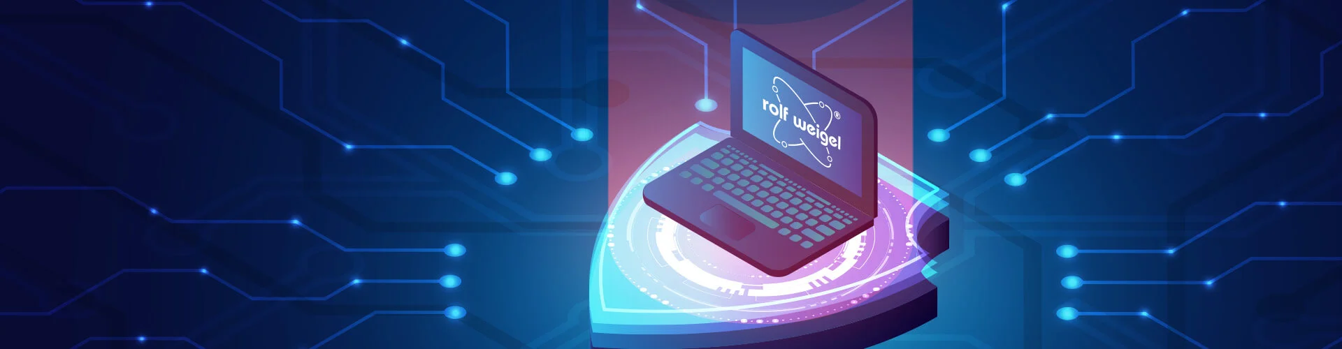Eine Grafik von einem Laptop mit rolf weigel Logo auf dem Bildschirm, der auf einem Schutzschild steht.