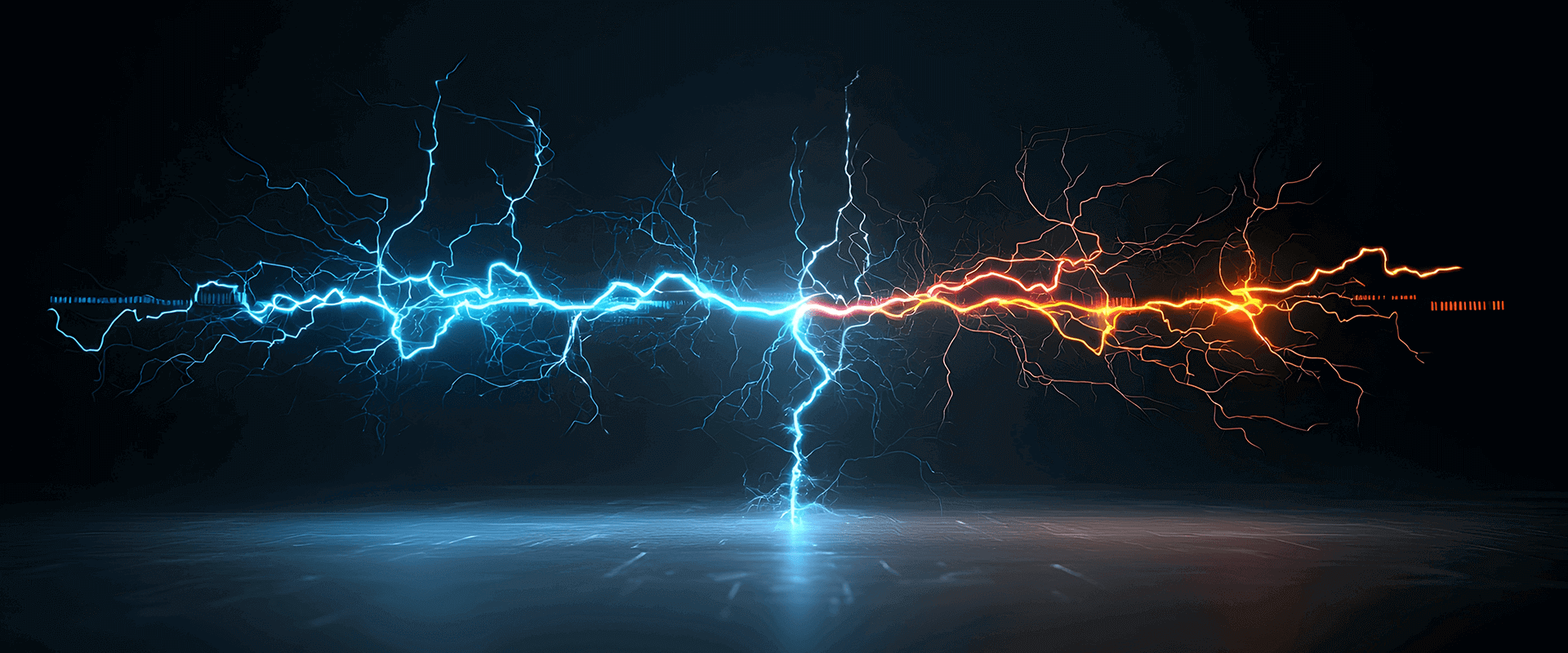 Ein blauer und ein roter Blitz treffen horizontal vor einem schwarzen Hintergrund aufeinander und werden gemeinsam zum Boden geleitet.